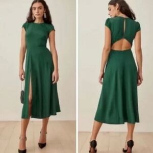 REFORMATION GAVIN MIDI DRESS IN EMERALD GREEN